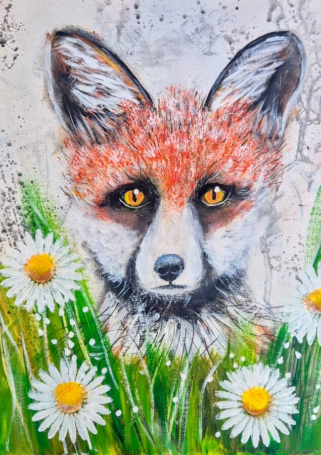 Daisy Fox - original mixed-media artwork by Janet Jackson, JJs Art Online