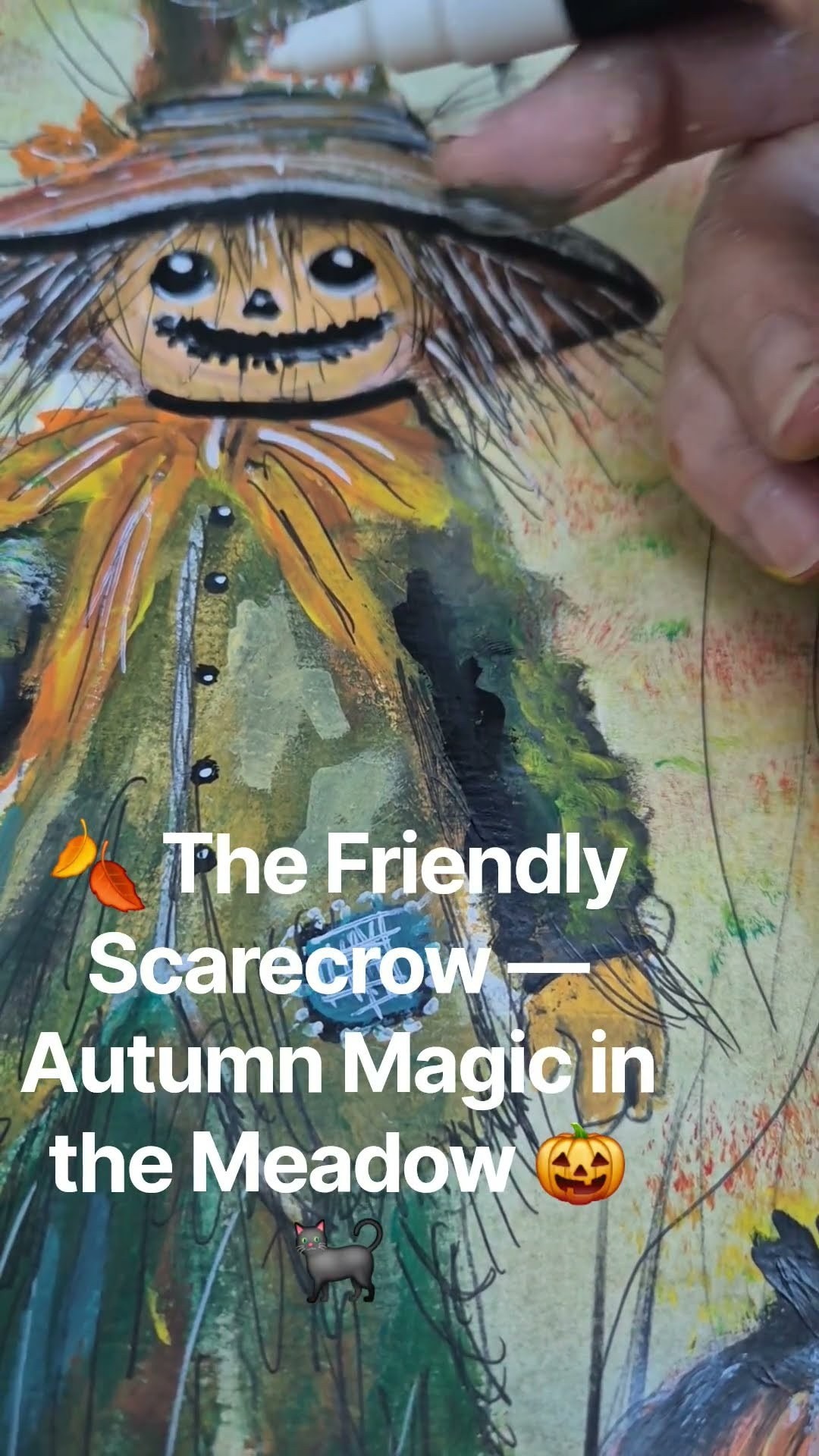 Autumn Scarecrow — Black Cat & Jack‑o'‑Lantern — Acrylic Mixed‑Media Art 🍂🎃🐈⬛